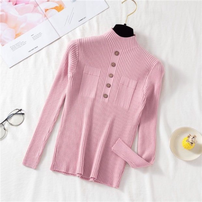 Áo len cổ 3 phân túi 2 bên đính cúc ngực