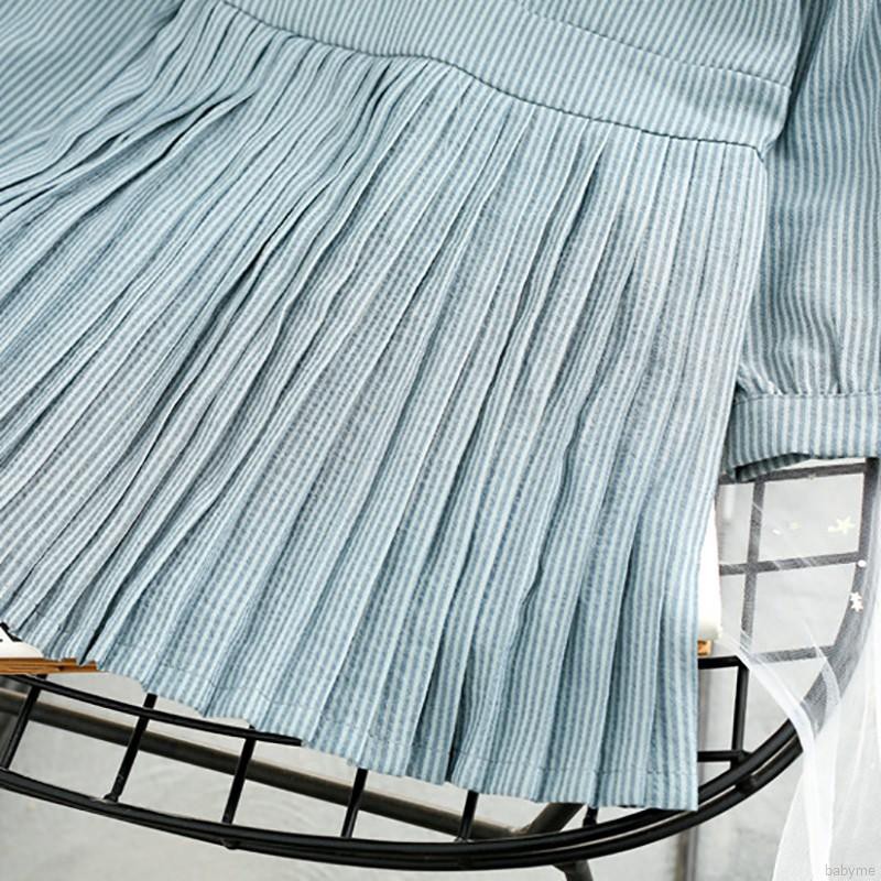 Đầm tiểu thư tay dài họa tiết kẻ sọc xếp ly dễ thương cho bé gái