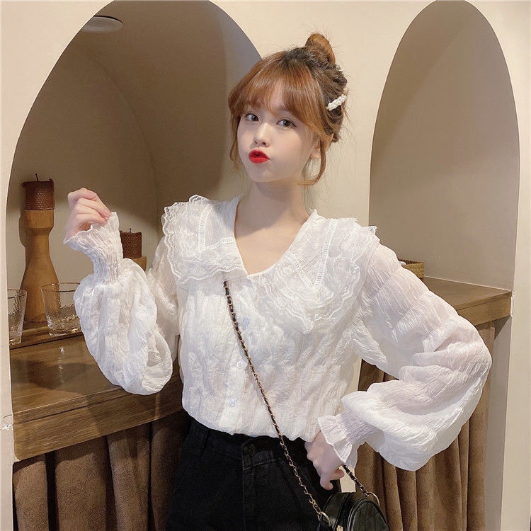 Áo Sơ Mi Chiffon Tay Dài Phồng Xếp Ly Phong Cách Hàn Quốc