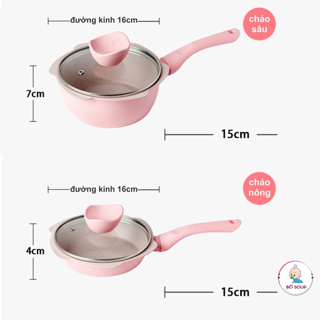 Bộ nồi chảo đá hình hoa cho bé ăn dặm cao cấp chống dính kèm lồng hấp nấu chế biến đồ gia đình dùng được bếp từ