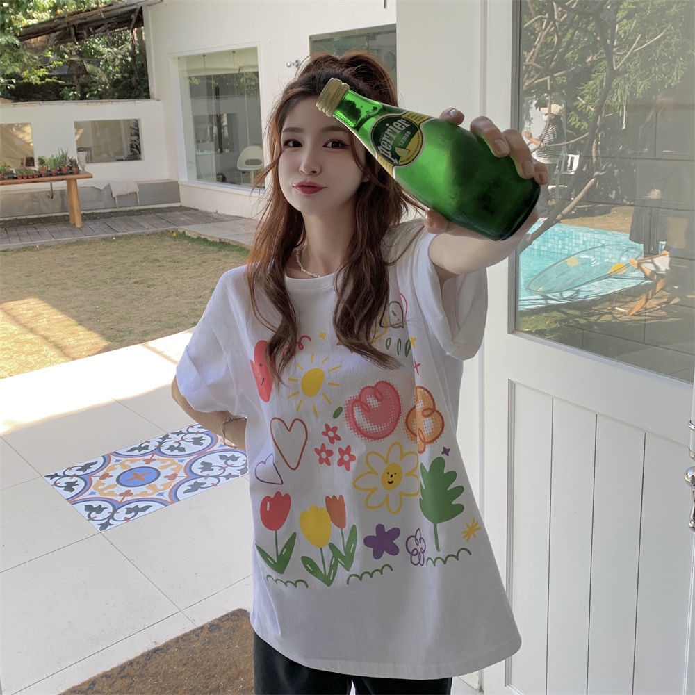 Áo Thun Cổ Tròn Dáng Rộng In Hình Hoa Lá Mùa Hè Phong Cách Hàn Quốc Mới Cho Nữ