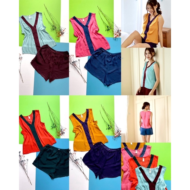 Bộ lụa đùi phối nẹp mặc nhà không tay Infashion