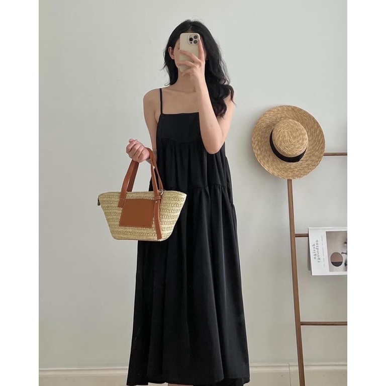 Váy Nữ Hai Dây Dáng Suông Xòe 3 Tầng Đầm Nữ 2 Dây Xanh Lá Hottrend Freesize Phong Cách Hàn Quốc