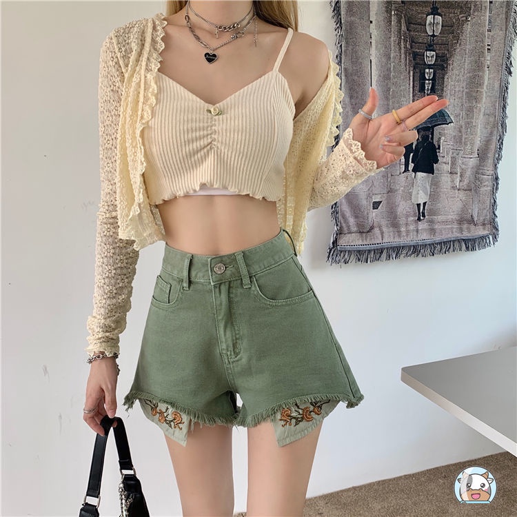 Quần Short denim Thêu Họa Tiết Thời Trang retro Cá Tính Cho Nữ