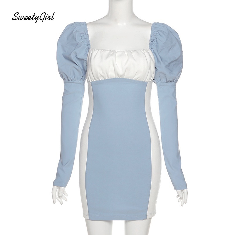 Đầm ôm dáng tay dài cổ vuông màu tương phản thời trang cho nữ