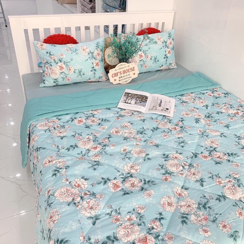 Fullset chăn/mền chần bông, ga gối hoa mãu đơn xanh cotton Hàn Quốc