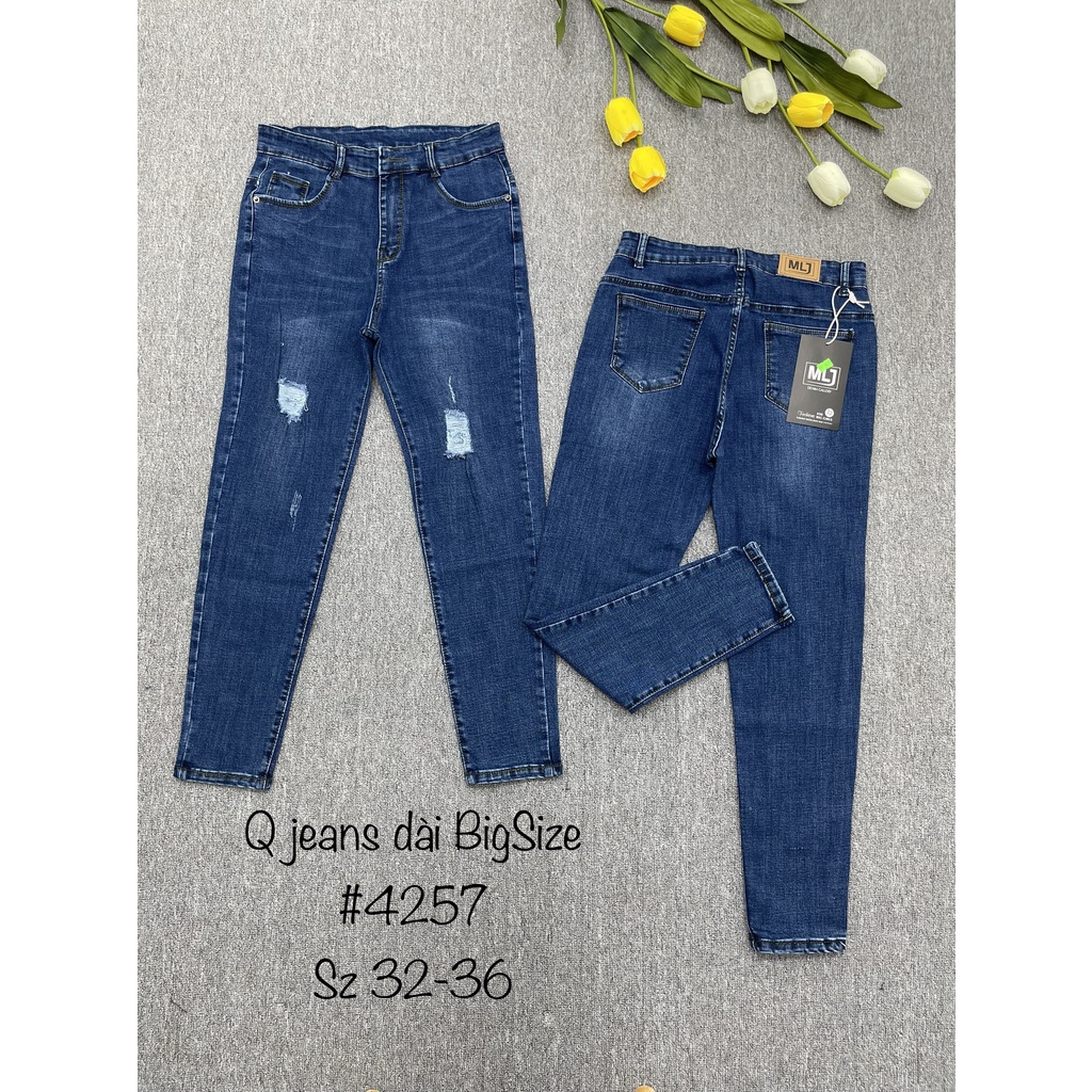 Quần jeans dài BigSize lưng cao, co dãn mạnh, màu xanh đậm rách kiểu 4257