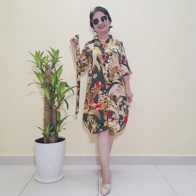 Size L, XL, 2XL, 3XL - Váy Đầm Trung Niên - Kiểu Sơ Mi - Vải Lụa Đũi Co Giãn, Có Thêm Dây Thắt Lưng