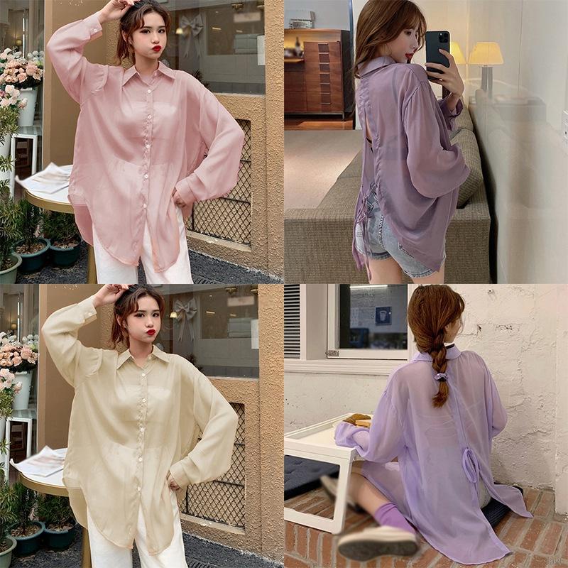 Áo Sơ Mi Chiffon Lụa Lạnh Mỏng Tay Dài Dáng Rộng Xẻ Tà Sau Lưng Phong Cách Hàn Quốc Dành Cho Nữ