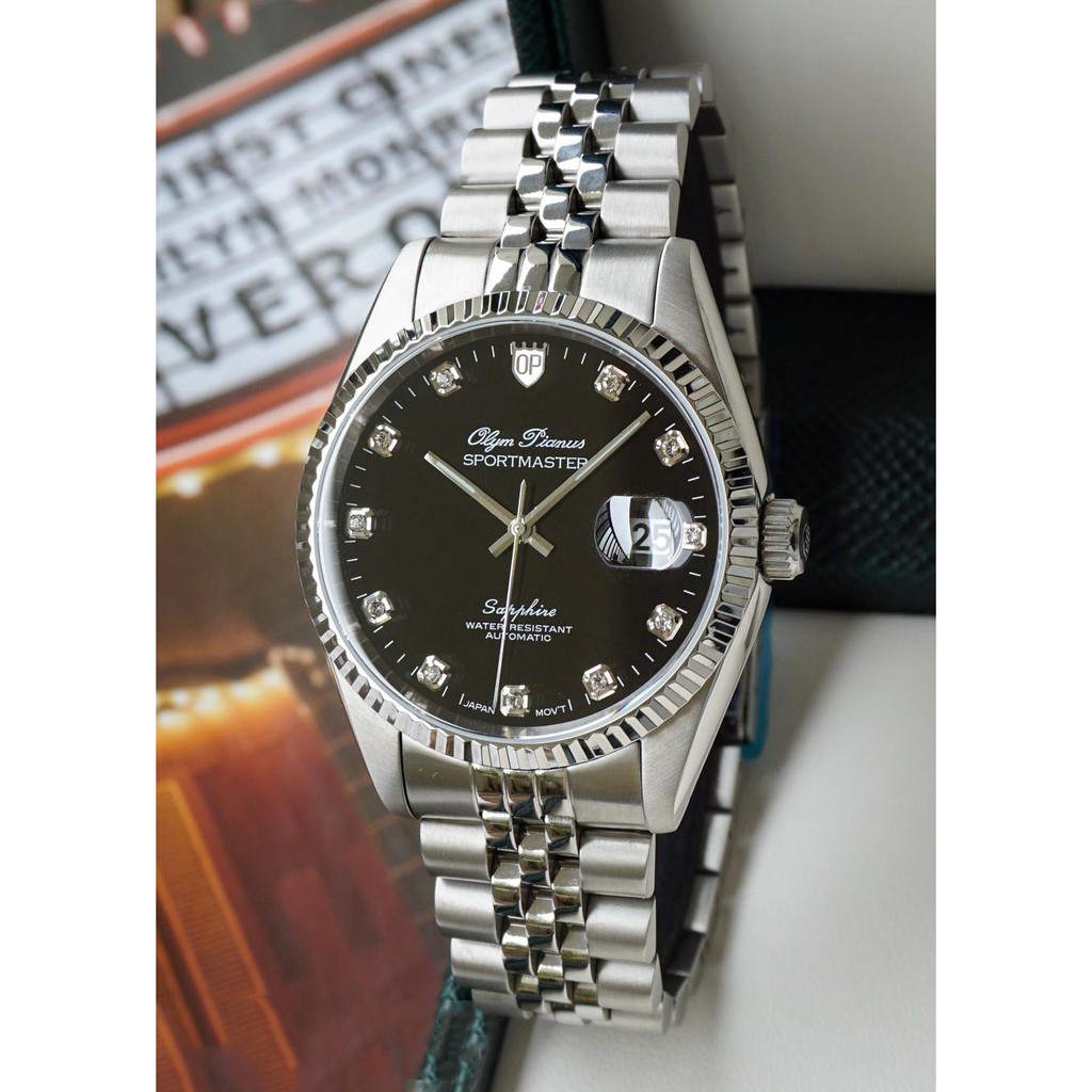 Đồng hồ nam dây kim loại mặt kính sapphire automatic Olym Pianus OP89322 OP89322AGS đen