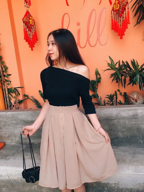 Quần váy midi ống rộng, phối thun sau lưng, kèm hình thật