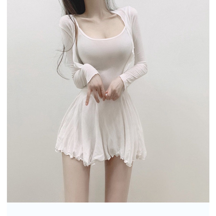 Set đồ COZOKC gồm đầm hai dây và áo khoác dáng ngắn ôm dáng chống nắng quyến rũ cho nữ