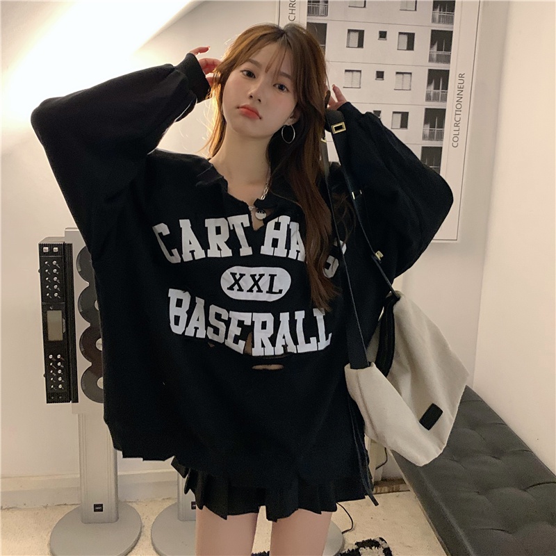 Áo len xám rách cổ chữ V dáng rộng thời trang mùa thu mới 2022