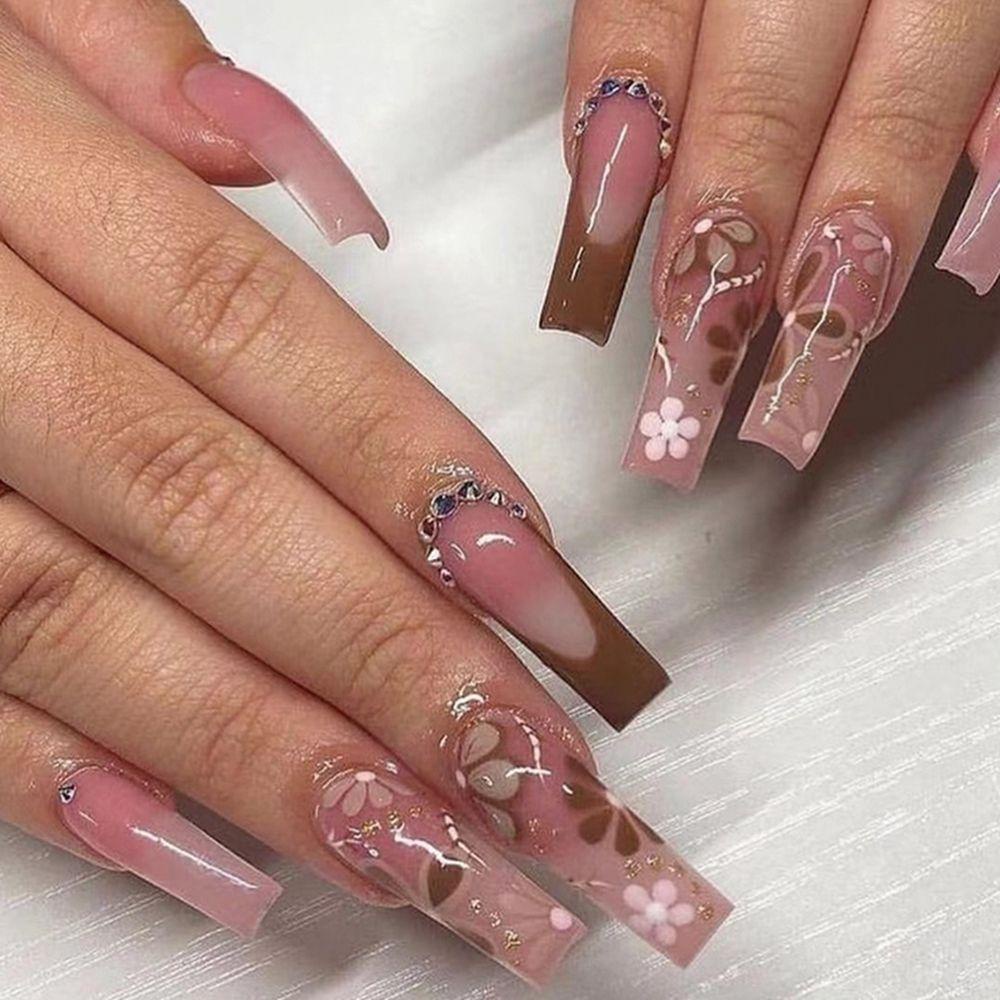 Hộp 24 Móng Tay Giả Che Phủ Toàn Diện Tháo Rời Được In Họa Tiết Hoa