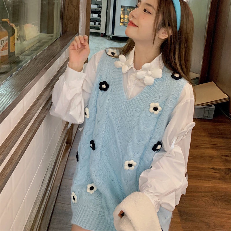 Áo khoác vest dệt kim cổ chữ V thêu hoa thời trang Nhật Bản dễ thương | BigBuy360 - bigbuy360.vn