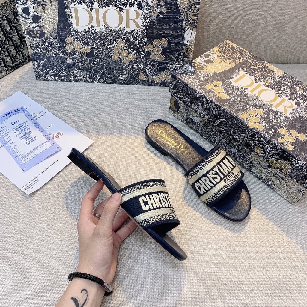 (Xanh Navy) Dép Sandal Phẳng Thêu Họa Tiết Chất Liệu Cotton Cho Nữ