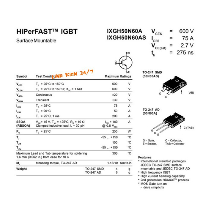 Sò Công Suất IGBT 50N60 50A 600V To-247 Kênh N