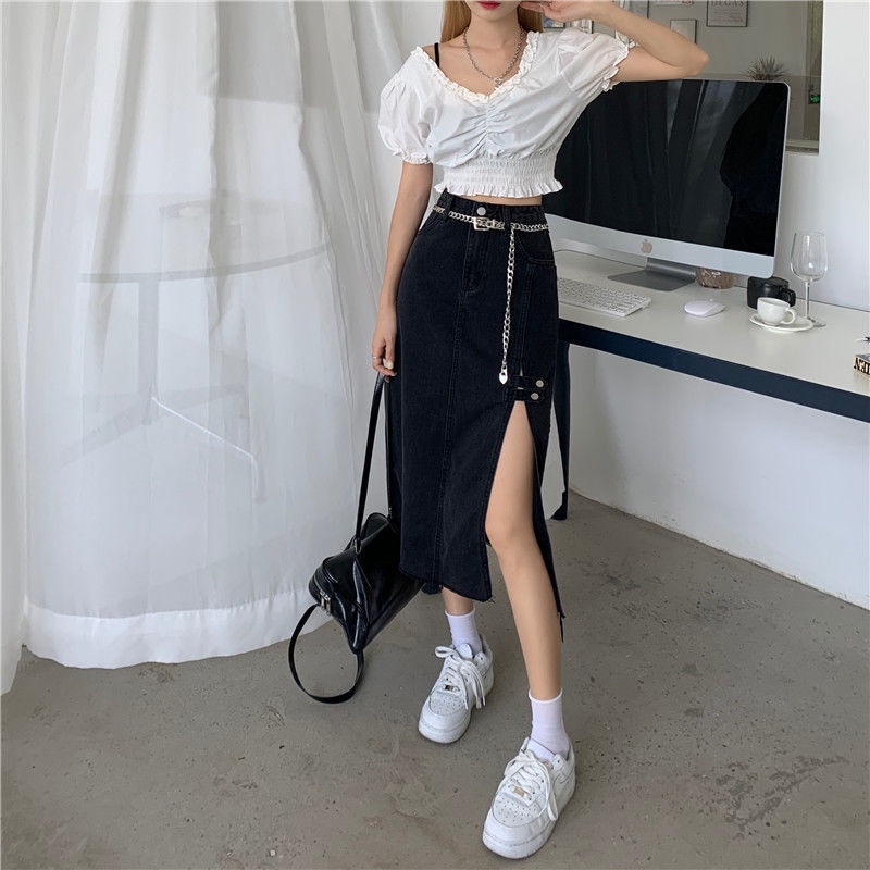 Chân váy IELGY denim lưng cao xẻ tà có size lớn thời trang cho nữ