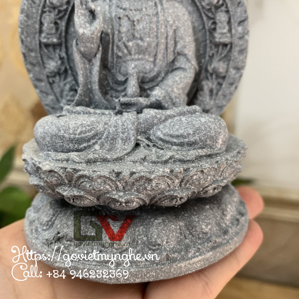 Tượng đá Quan Thế Âm Bồ Tát ngồi đài sen + chữ "Phật" phía sau - Chiều cao 15cm - Màu xám