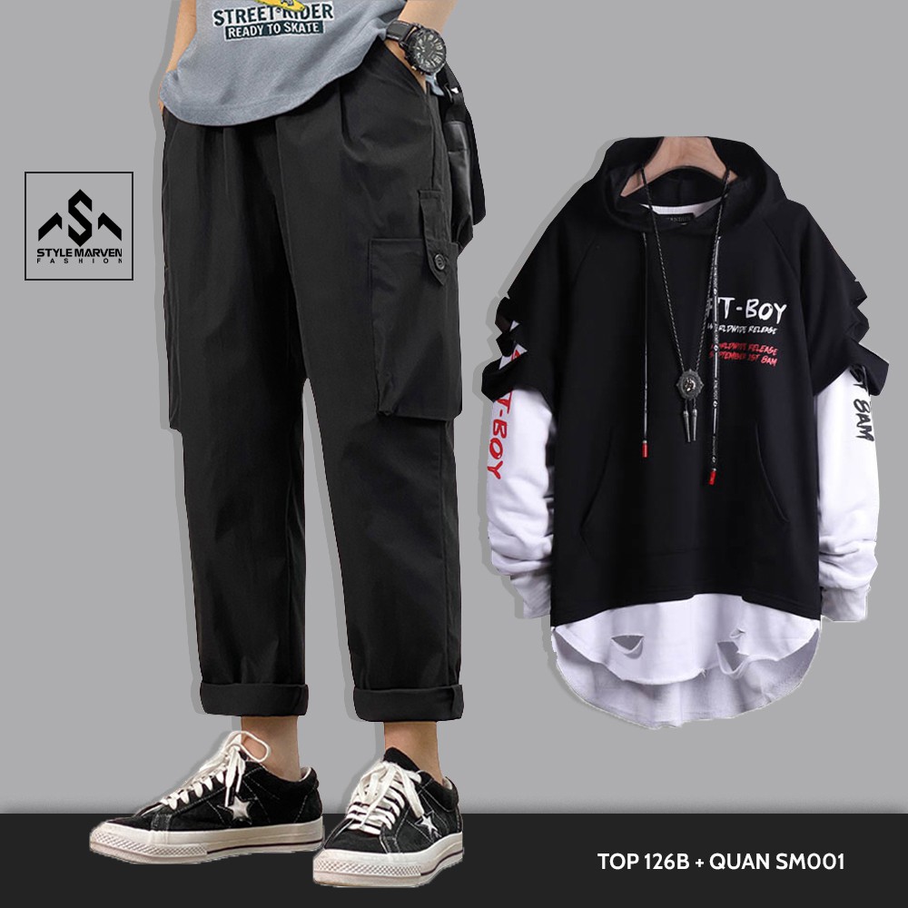 Bộ quần áo nam thể thao STYLE MARVEN Jogger kaki ống suông túi hộp phối Hoodie dài tay thời trang đường phố cá tính