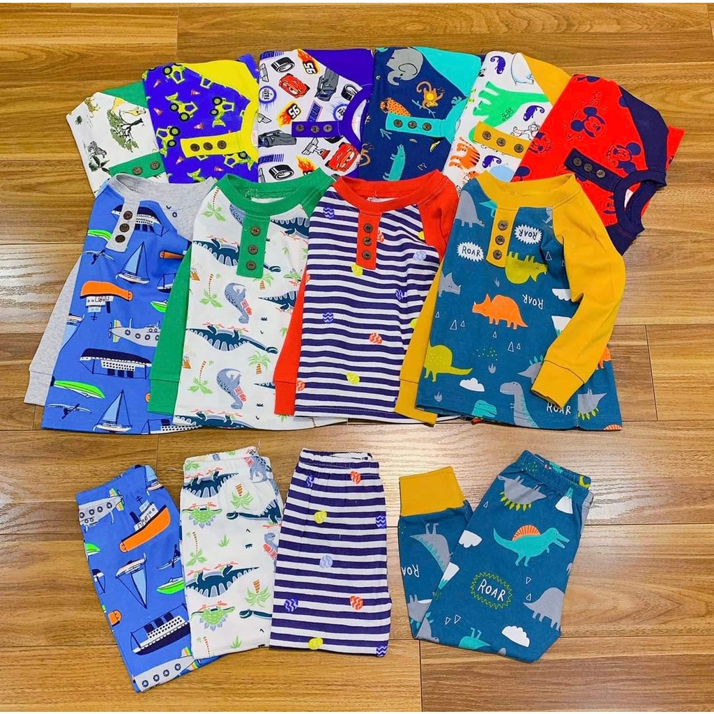 Bộ Cotton xuất dư dài tay cho bé trai mặc nằm điều hòa size to cho bé từ 14-20 kg.