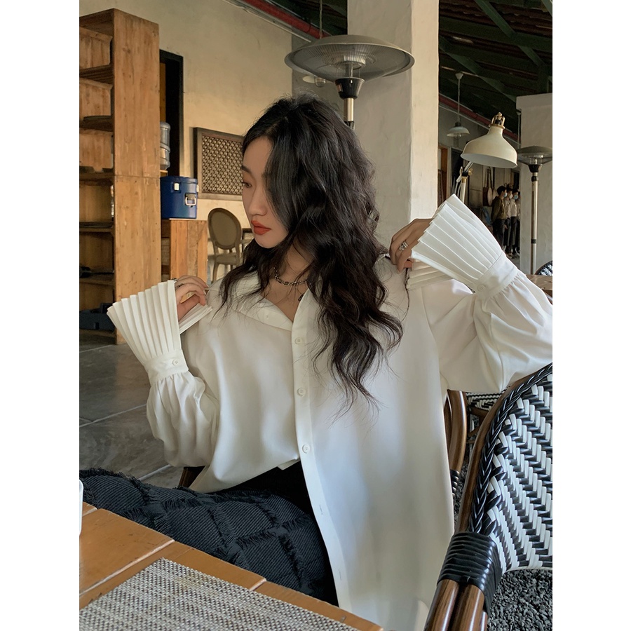 QKOOLE  Áo Sơ Mi Tay Dài Dáng Rộng Thời Trang Hàn Quốc Cho Nữ