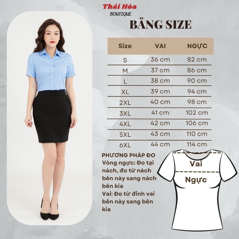 Áo sơ mi nữ công sở ngắn tay đẹp kiểu kẻ caro xanh dương đậm cotton Thái Hoà N65-15-01