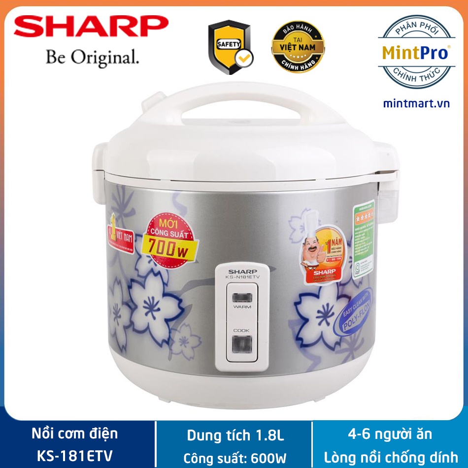 Nồi cơm điện Sharp 1.8 lít KS-181ETV - Hàng chính hãng - Bảo hành 12 tháng - Xuất xứ Thái Lan