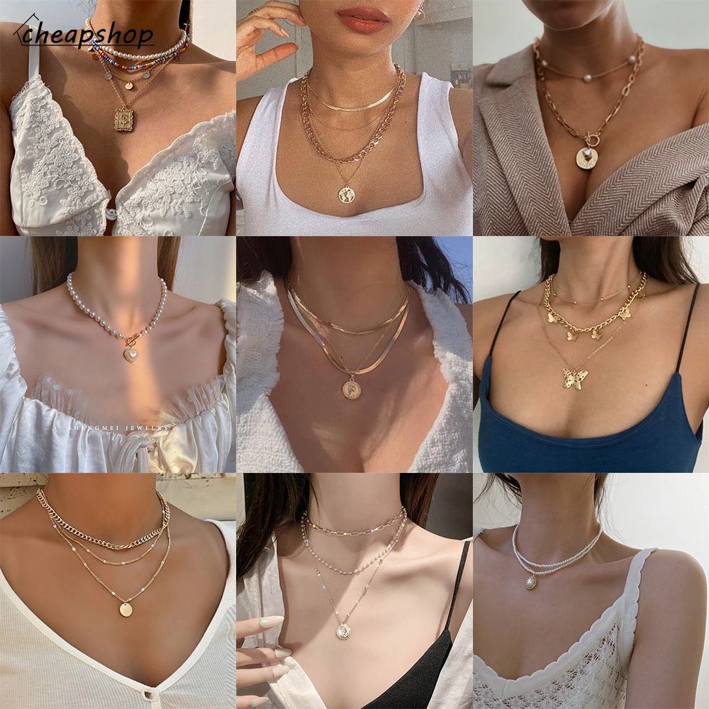 iF YOU Thời Trang Vòng cổ Nhiều Lớp Đính Hạt Ngọc Trai Và Bướm