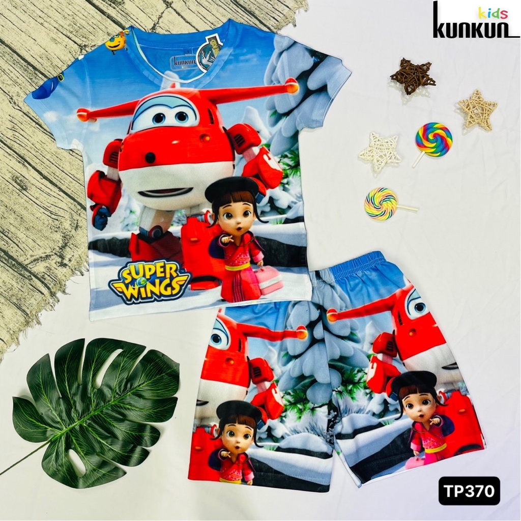 Quần áo bé trai in 3D super wings cộc tay size đại từ 10-60kg KunKun TP370 - Đồ bộ trẻ em thun lạnh co giãn 4 chiều