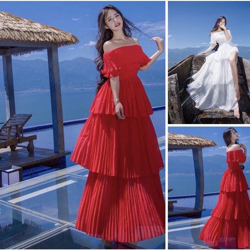 Đầm Maxi Dập Ly, Váy Maxi Trễ Vai AVVA133, Chất Lụa Mềm Mát, Xẻ Tà, Màu Đỏ, Trắng, Tuyệt Phẩm Sống Ảo, Mẫu Hot 2022