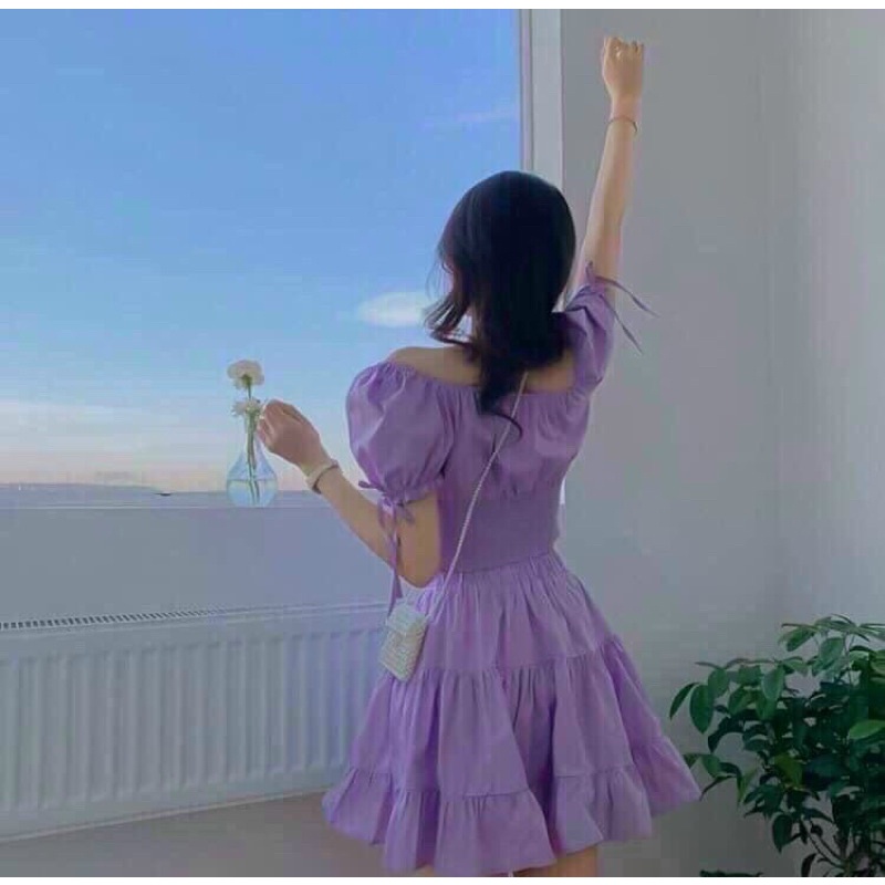 Set bộ áo crop tay phồng nhún bèo kèm chân váy tím mộng mơ lãng mạn giá rẻ