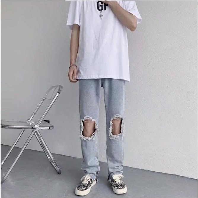 [sale xả kho] Quần jean ống suông nam khóa zip ống rách gối màu xanh nhạt đẹp mới hà nội hcm n114 Pon.mens