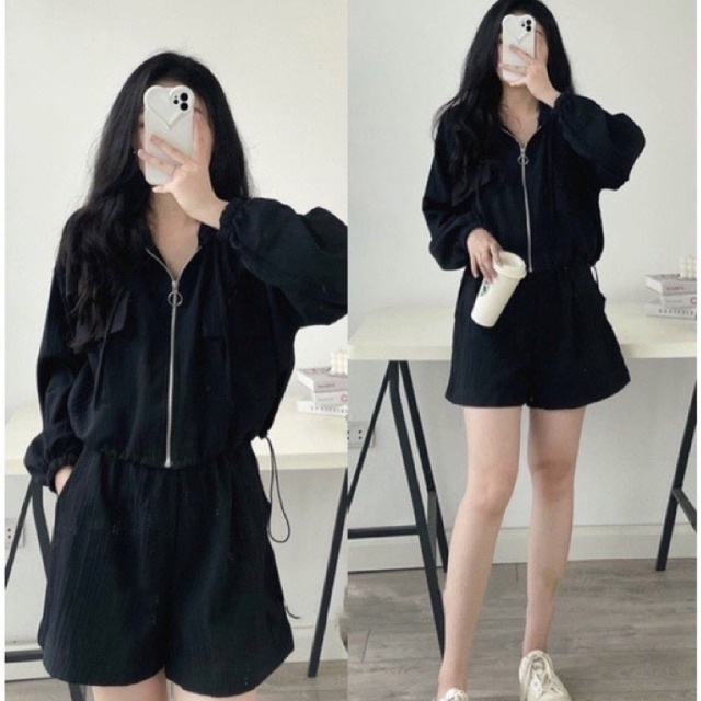 Set Bộ Thể Thao Nữ 3 Món Áo Khoá Mũ Tay Dài Kèm Bra Và Quần Sooc