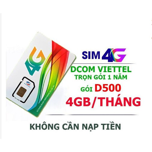 Sim 4G Viettel D500 4GB/tháng x 12 tháng. Miễn phí 12 tháng .Mua về dùng ngay.