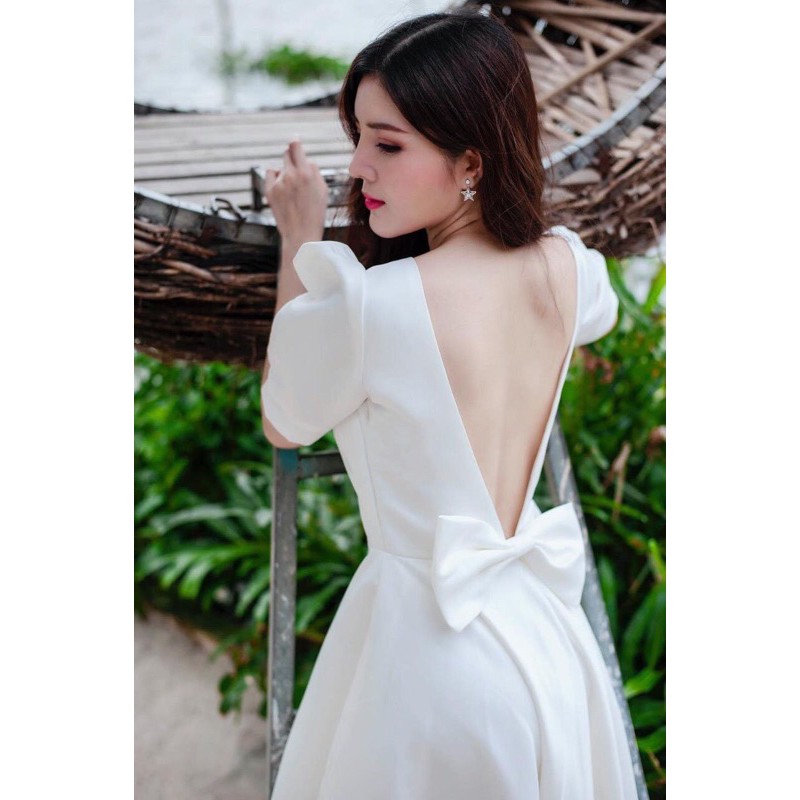 Đầm xòe cổ vuông hở nơ lưng gợi cảm chất phi lụa taffeta sang trọng siêu xinh TRIPBLE T DRESS - size M/L - MS109Y