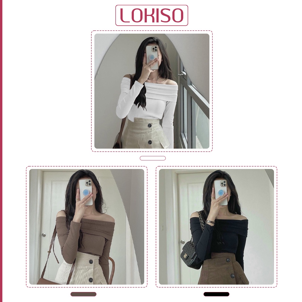 Áo kiểu nữ tay dài hở vai thun tăm nhỏ đẹp công sở LOKISO AK09