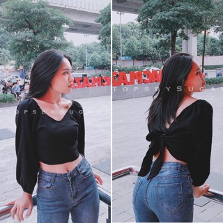 [Ảnh thật khách mặc] Áo croptop hở lưng cột dây nơ cổ tim V - by SugarG