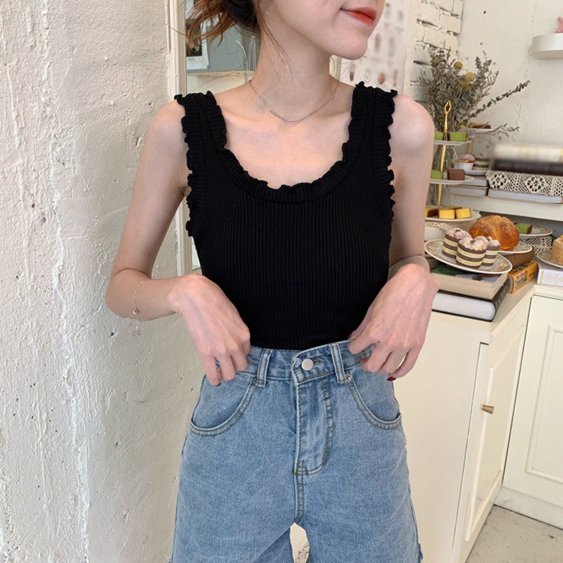 Áo Dệt Kim Sát Nách Màu Trơn Phối Bèo Nữ Tính