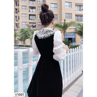VÁY NHUNG ĐEN CỔ REN MẸ Và BÉ