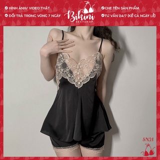 Bộ ngủ lụa áo 2 dây cúc bọc phối ren ngực gợi cảm + quần đùi hàng qccc size m/l sn21