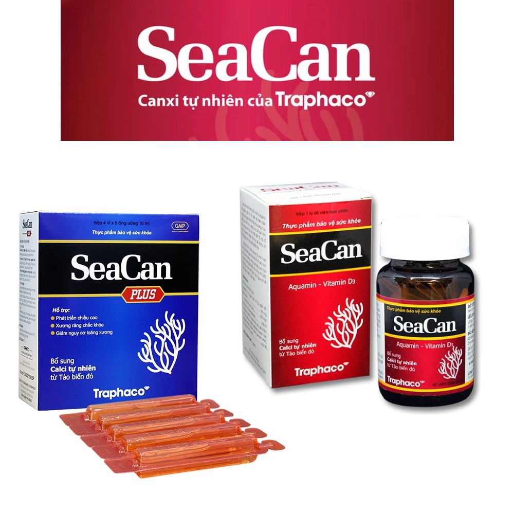Seacan Bổ sung canxi hữu cơ từ tảo biển và vitamin D3 Magie của Traphaco, giảm loãng xương, tăng chiều cao - Lọ 60 viên