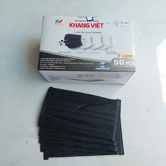 Khẩu Trang Y Tế Khang Việt 4 Lớp màu đen (Hộp 50 Cái) ưu tiên dùng hàng Việt Nam