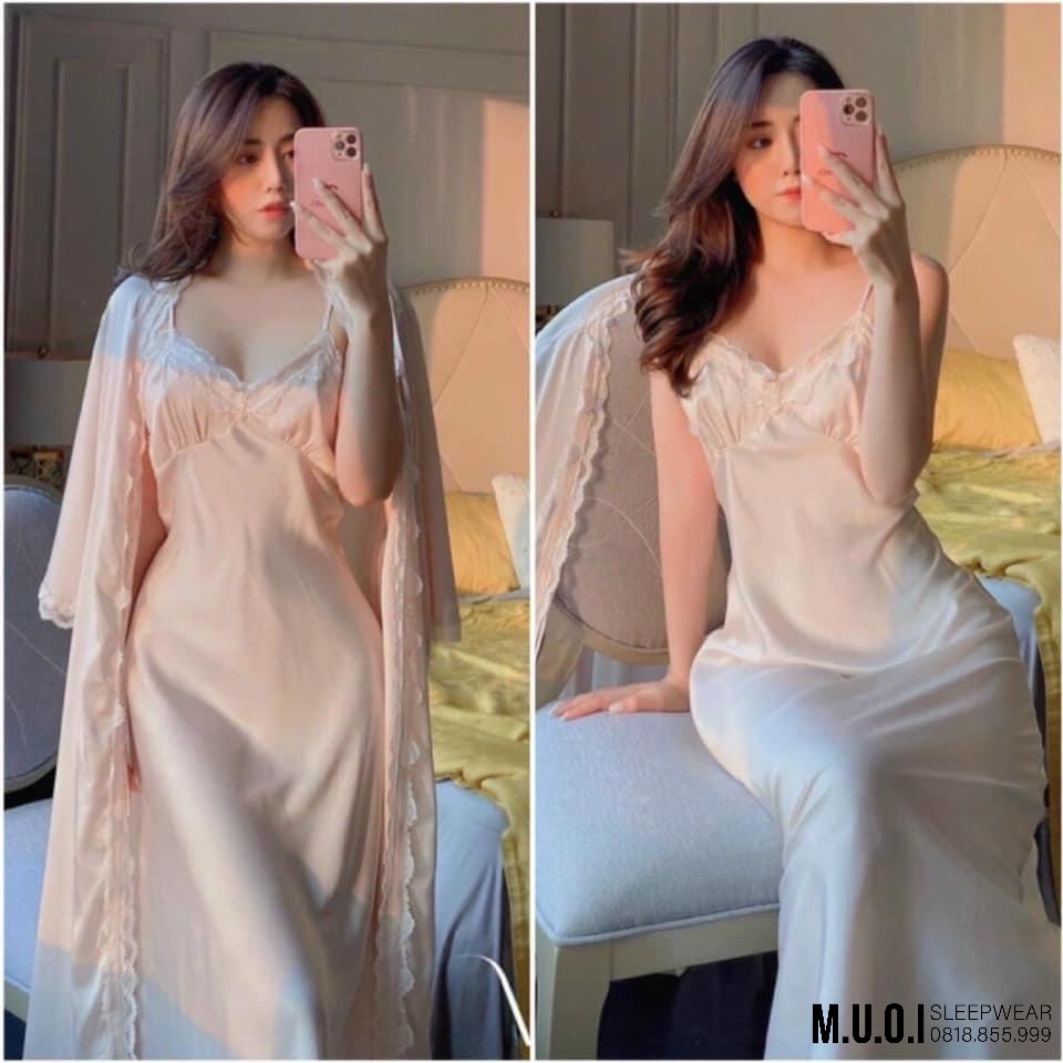 Váy ngủ lụa cao cấp kèm choàng 3 chi tiết nude MIEMMOC chuẩn hàng QCCC - hàng có sẵn ( video+ảnh thật)
