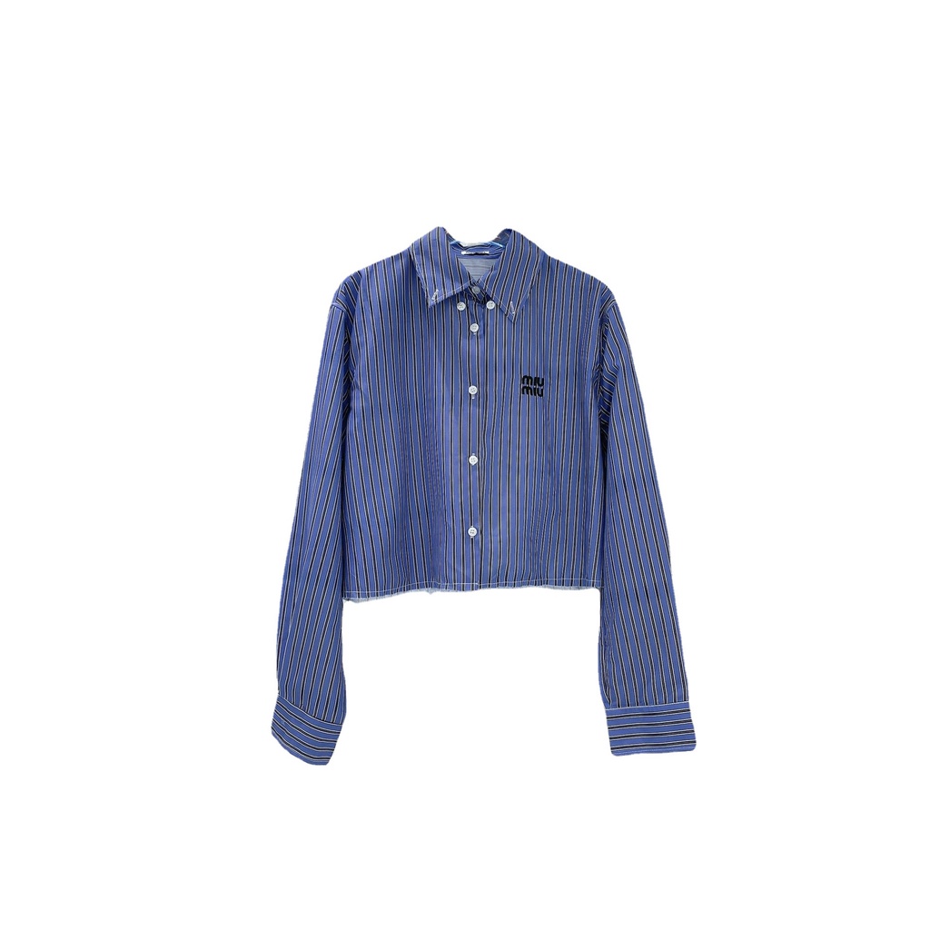 MiuMiu m22 early autumn new retro letter stripe hem burrs decoration simple all-match short shirt 2022