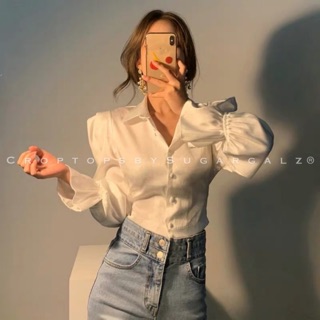 [HÀNGÁo croptop sơ mi thắt nơ lưng mở khuy cúc chất lụa - by SugarG