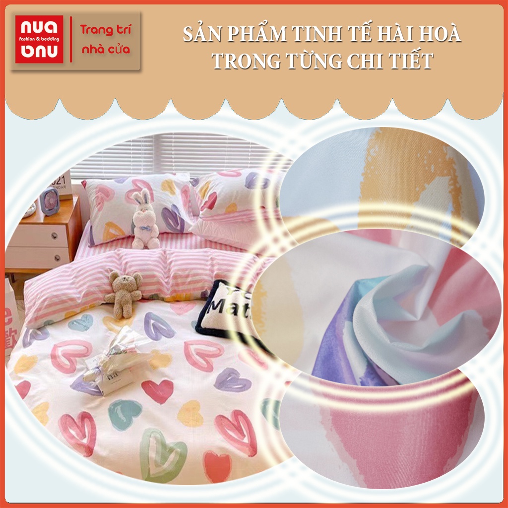 Bộ ga giường cotton poly vỏ chăn gối bọc đệm nệm lồng ruột chăn họa tiết trái tim tâm hồn mộng mơ trang trí giường ngủ