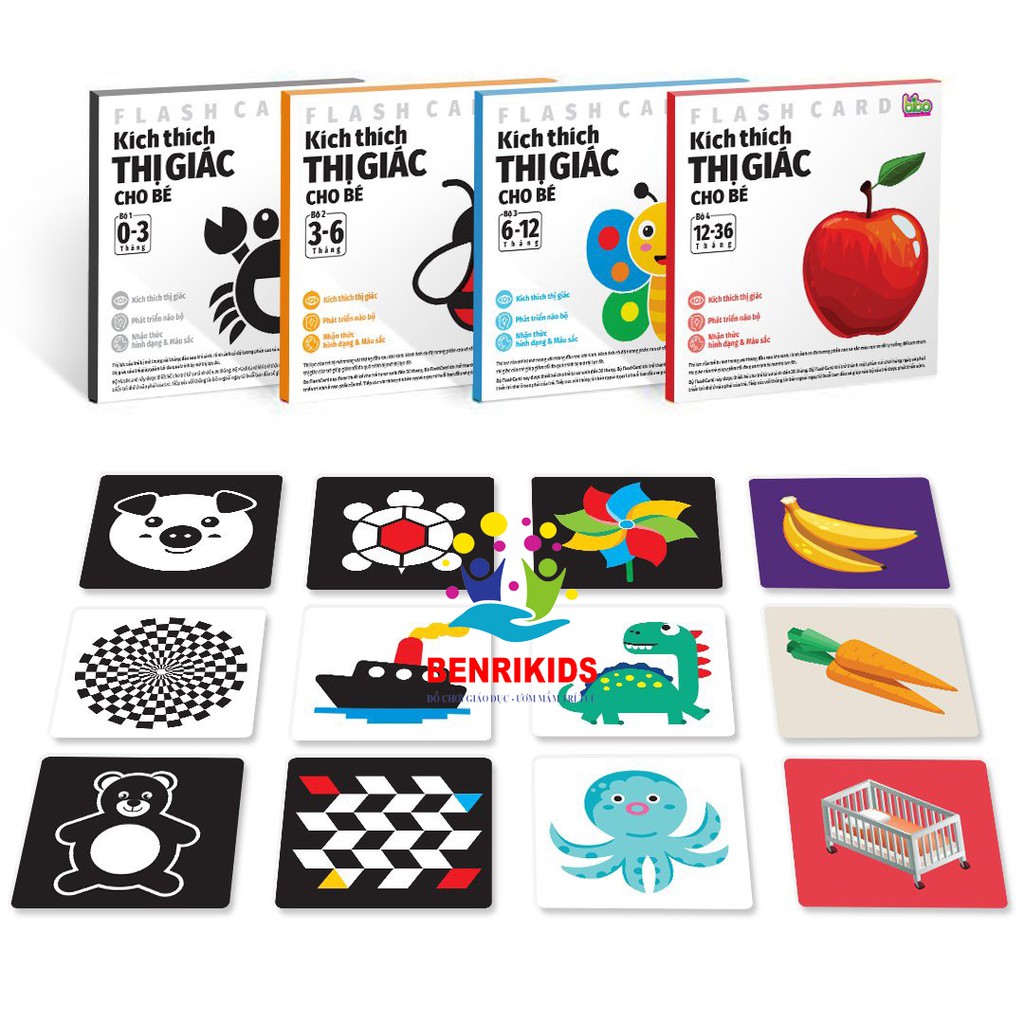 Trọn Bộ 4 Tập Thẻ Học Flashcard Tương Phản Giúp Trẻ Từ 0 Đến 16 Tháng Tuổi Phát Triển Thị Giác