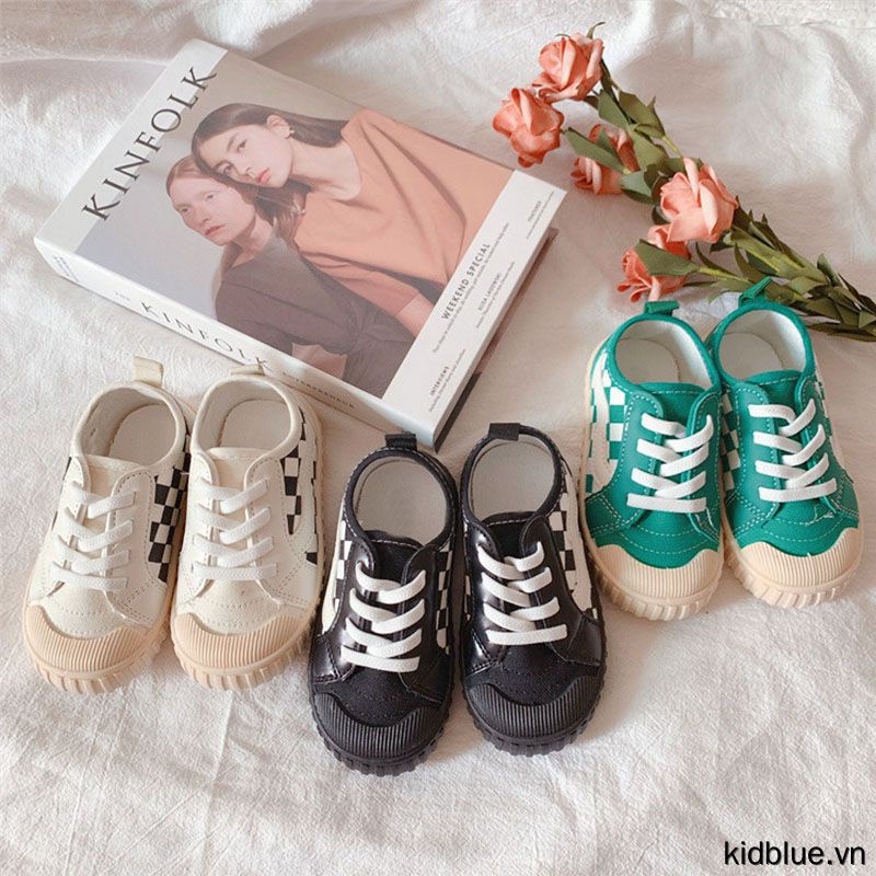 Giày thể thao vải canvas thắt dây họa tiết kẻ sọc caro chống trơn trượt thời trang ngoài trời dành cho trẻ em