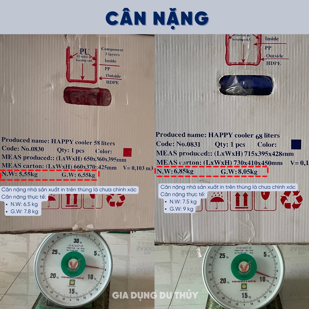 Thùng Đá Vuông Có Bánh Xe Happy Cooler,Dung Tích 58L, 68L Giữ Lạnh 3 Ngày, Nhựa Chính Phẩm Cứng Cáp Của Gia Dụng Du Thủy